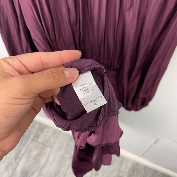 Mustard Seed Wine Satin Elastic Waist Ruffles Tiered Mini Dress Satin - Picture 8 of 9